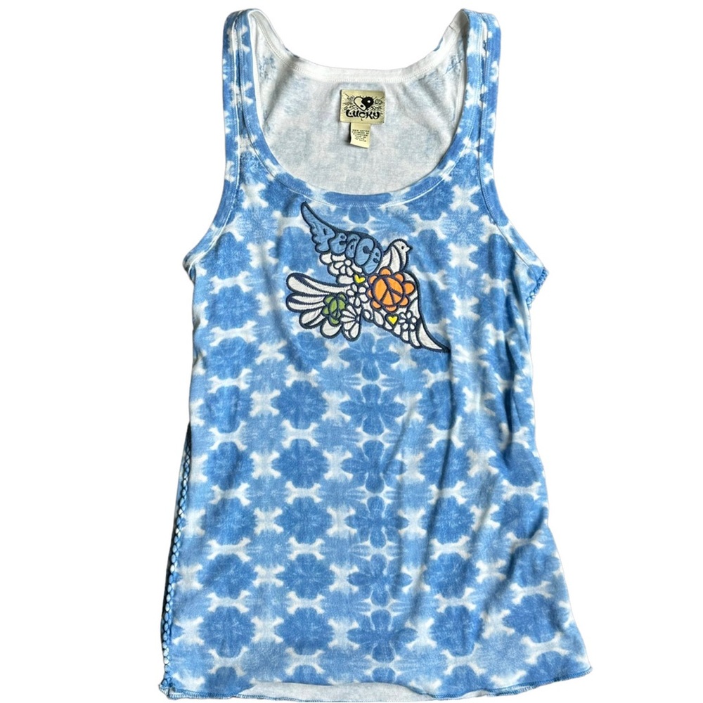 Lucky Brand Blue Tie Dye Peace Dove Embroidered Embellishment Rope Side Tank Top